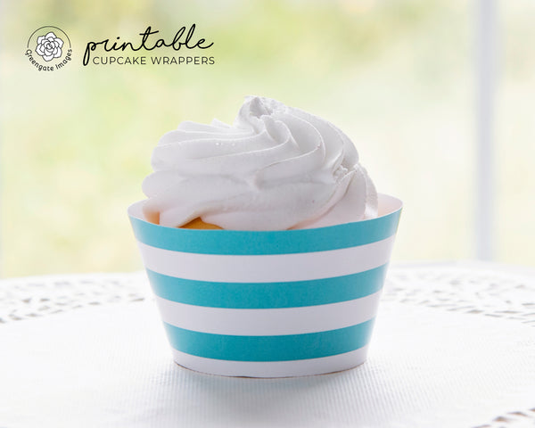 Aquamarine Striped Cupcake Wrapper - Printable Digital Download by Greengate Images