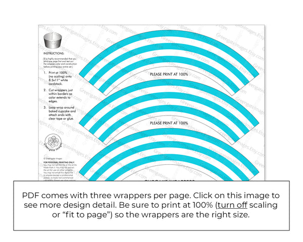 Aquamarine Striped Cupcake Wrapper - Printable Digital Download by Greengate Images