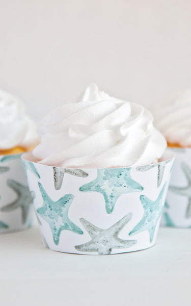 Starfish Cupcake Wrapper - Gray and Aqua Blue