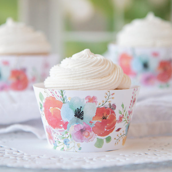 Floral Cupcake Wrappers - Peach, Light Blue, Watercolor