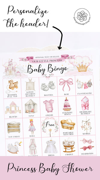 Princess Baby Shower Bingo - 100 unique cards - Printable Digital Download by Greengate Images