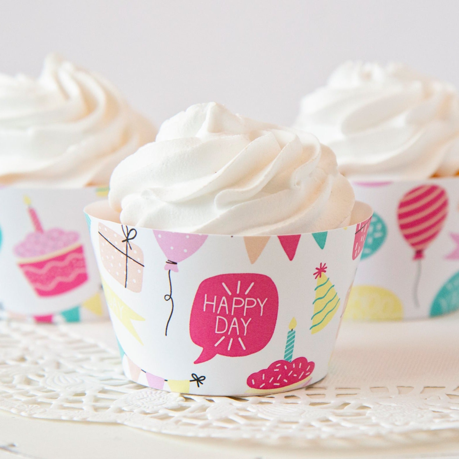Birthday Cupcake Wrappers - Pink Happy Day Pattern