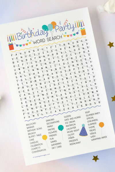 Birthday Party Word Search - Printable Digital Download by Greengate Images