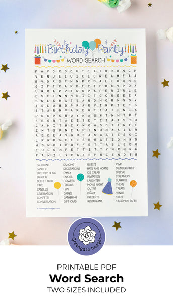 Birthday Party Word Search - Printable Digital Download by Greengate Images