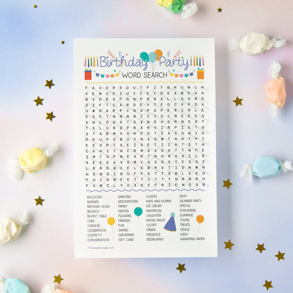 Birthday Party Word Search - Printable Digital Download by Greengate Images