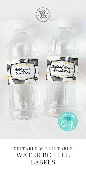 Graduation Water Bottle Label - Black Caps - Printable Digital Download by Greengate Images