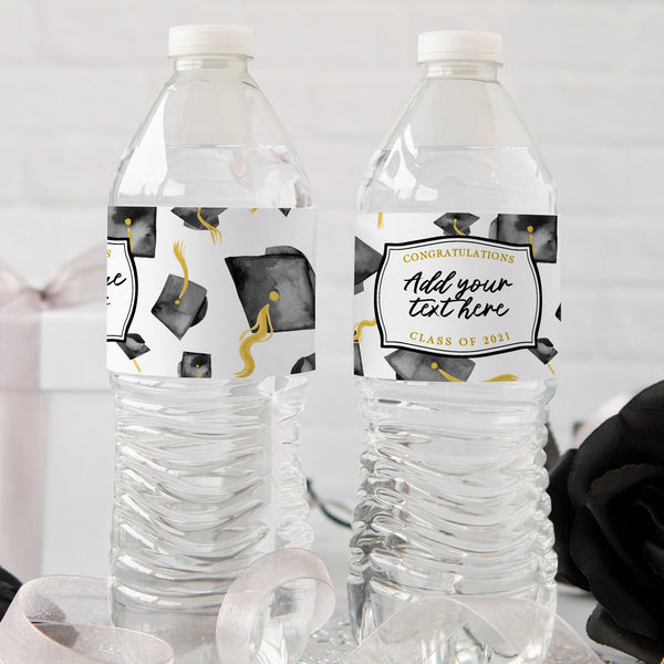 Graduation Water Bottle Label - Black Caps - Printable Digital Download by Greengate Images