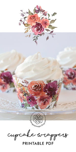 Floral Cupcake Wrappers - Rust and Burgundy Roses - Printable Digital Download by Greengate Images