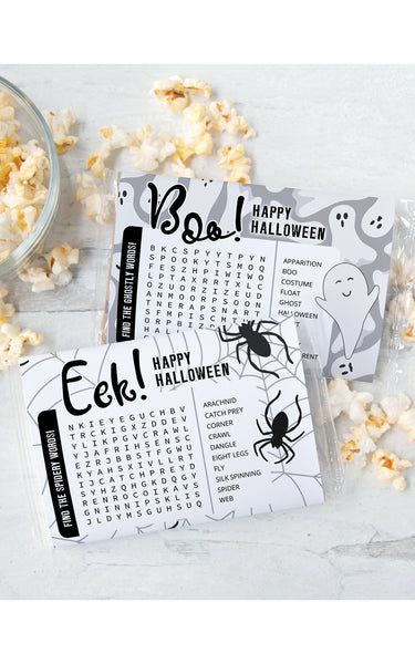 Halloween Popcorn Wrapper Duo - Ghosts and Spiders w/Word Finds