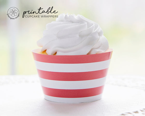 Coral Striped Cupcake Wrapper - Printable Digital Download by Greengate Images