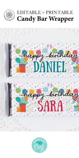 Birthday Candy Bar Wrappers - Confetti, Bunting, Name