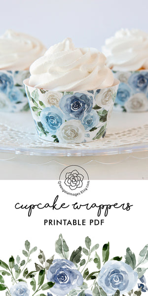 Rose Cupcake Wrappers - Dusty Blue & White