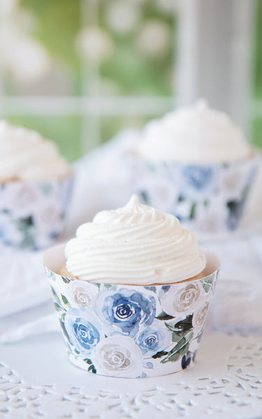 Rose Cupcake Wrappers - Dusty Blue & White