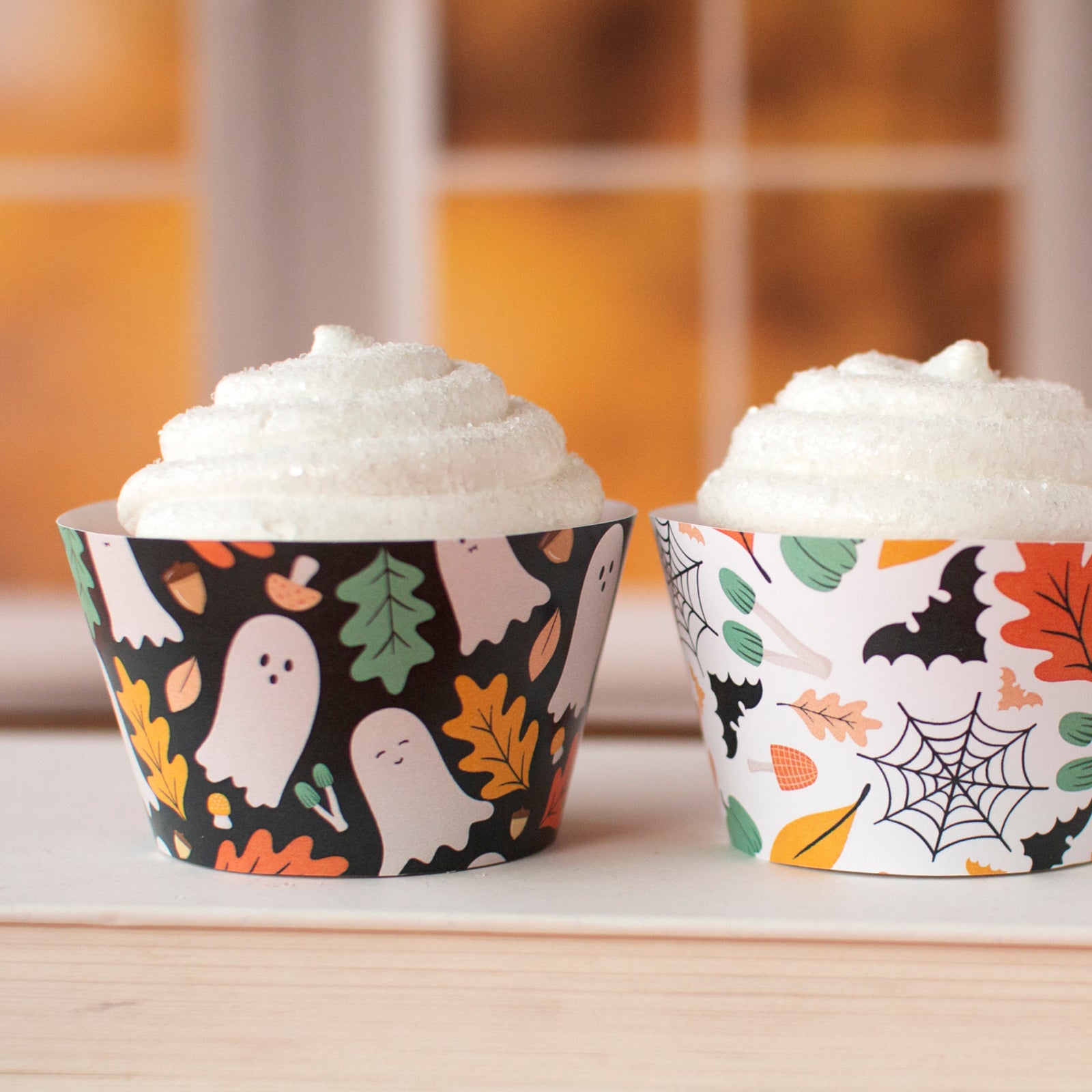 Printable cupcake wrappers in fall tones with Halloween accents
