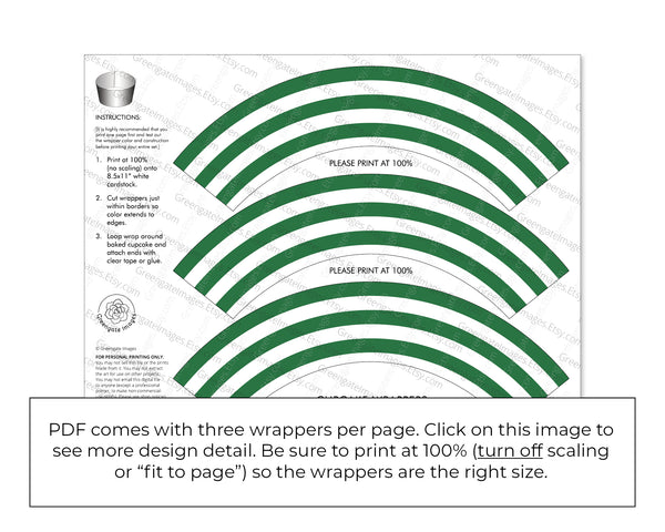 Green Striped Printable Cupcake Wrapper - Printable Digital Download by Greengate Images