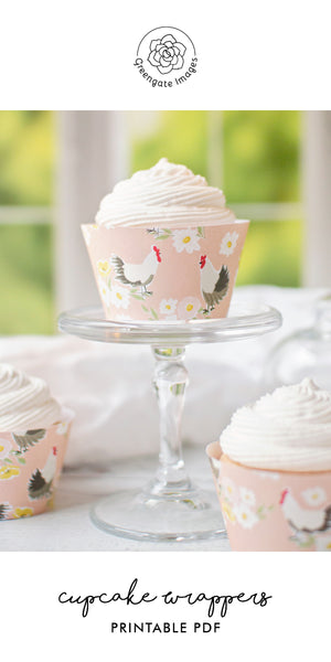 Hens and Flowers Cupcake Wrapper - Printable Digital Download by Greengate Images