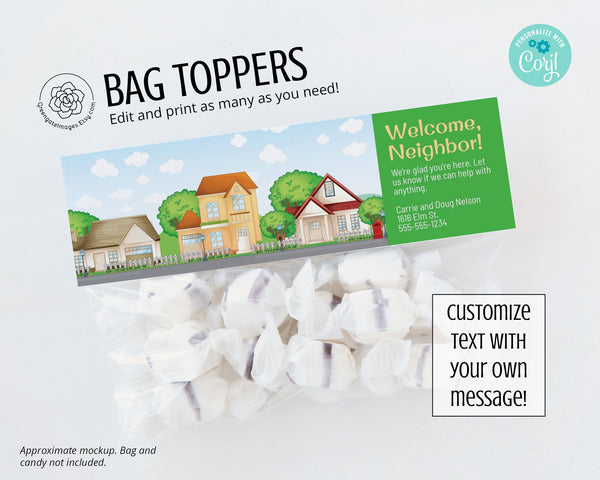 6.5" House Bag Topper - PRINTABLE - Favor Bag, Ziplock Topper, Foldover Label, Sandwich Bag Label Snack Bag Topper Corjl, Neighborhood