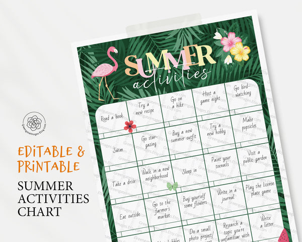 Summer Activities Page - Editable & Printable - Adobe Reader PDF - Instant Download - Summer Bucket List - Activity Calendar