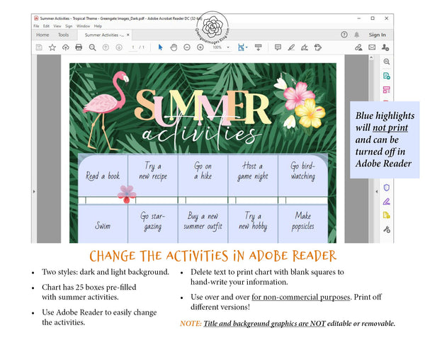 Summer Activities Page - Editable & Printable - Adobe Reader PDF - Instant Download - Summer Bucket List - Activity Calendar