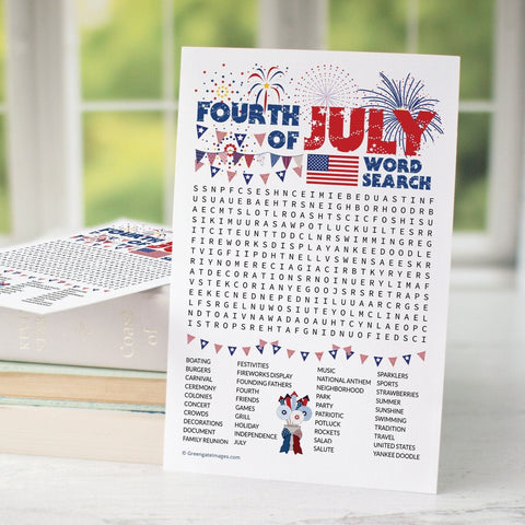 Fourth of July Word Search - PRINTABLE downloadable activity. Fun word find party guests, adults & older kids. Big word list. 4th of July 4.