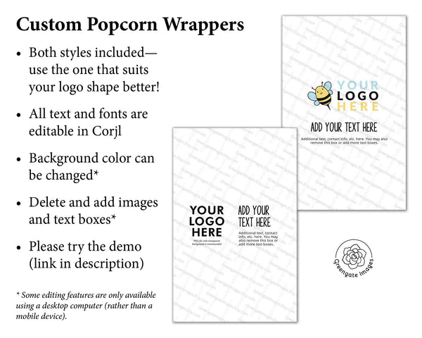 Custom Logo Popcorn Wrappers - PRINTABLE microwave popcorn wrap, editable in Corjl. Personalized label with your own picture, graphic, text.