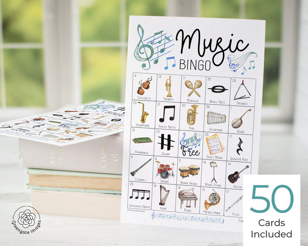 Music Bingo - 50 PRINTABLE unique cards. Instant digital download PDF. Fun educational activity for all ages. Basic theory & instruments.