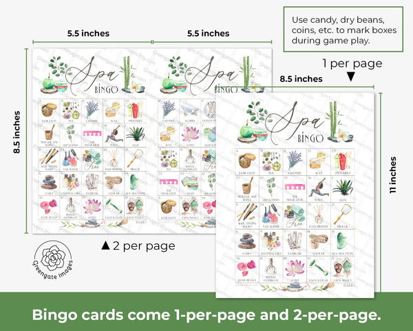 Spa Bingo - 50 PRINTABLE unique cards. Instant digital download PDF. Fun activity for women's/teens' spa-themed events. Celebrate self-care.