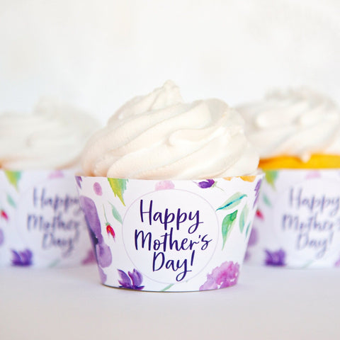 Mother's Day Cupcake Wrappers - PRINTABLE instant digital download PDF. Purple watercolor flowers and leaves. Botanical, colorful, bright.