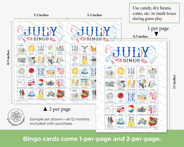 BUNDLE: Month Bingo Sets - 12 bingo sets at a huge discount. 50 unique cards per set. Hand-painted watercolor artwork. Year-round fun.