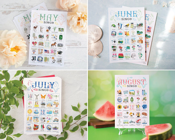 BUNDLE: Month Bingo Sets - 12 bingo sets at a huge discount. 50 unique cards per set. Hand-painted watercolor artwork. Year-round fun.