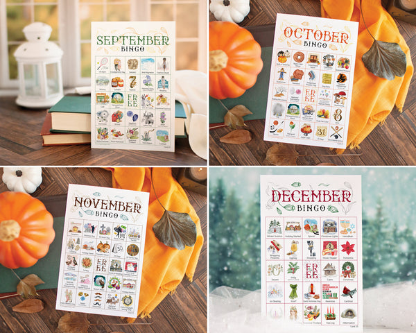 BUNDLE: Month Bingo Sets - 12 bingo sets at a huge discount. 50 unique cards per set. Hand-painted watercolor artwork. Year-round fun.