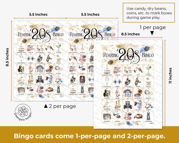 Roaring '20s Bingo Game - 50 PRINTABLE unique cards. Instant digital download PDF. Fun activity for adult 1920s Gatsby and flapper parties.