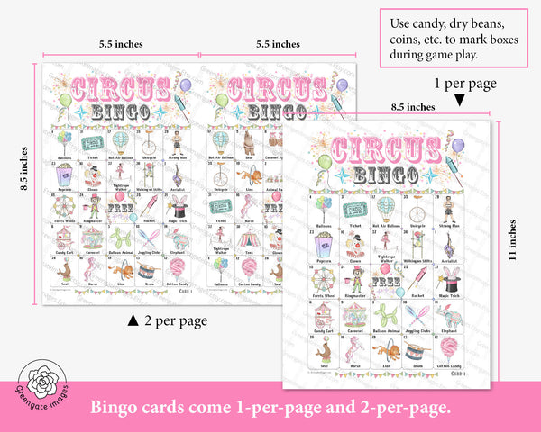 Circus Bingo - 50 PRINTABLE unique cards. Instant digital download PDF. Fun, cute activity for little girls circus-themed birthday party.