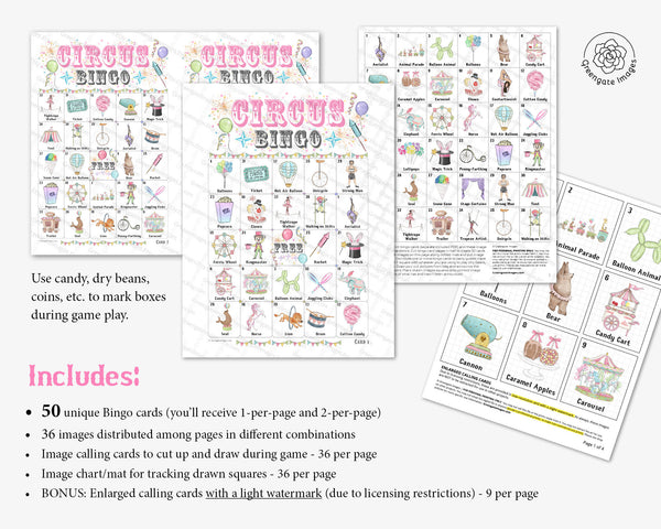 Circus Bingo - 50 PRINTABLE unique cards. Instant digital download PDF. Fun, cute activity for little girls circus-themed birthday party.