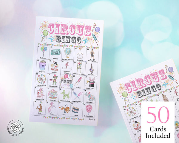 Circus Bingo - 50 PRINTABLE unique cards. Instant digital download PDF. Fun, cute activity for little girls circus-themed birthday party.