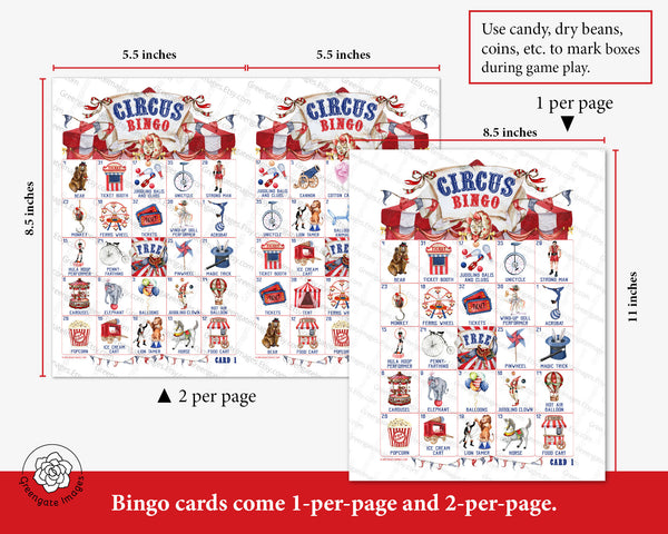 Circus Bingo - 50 PRINTABLE unique cards. Instant digital download PDF. Fun, cute activity for vintage stripes cirque-themed birthday party.