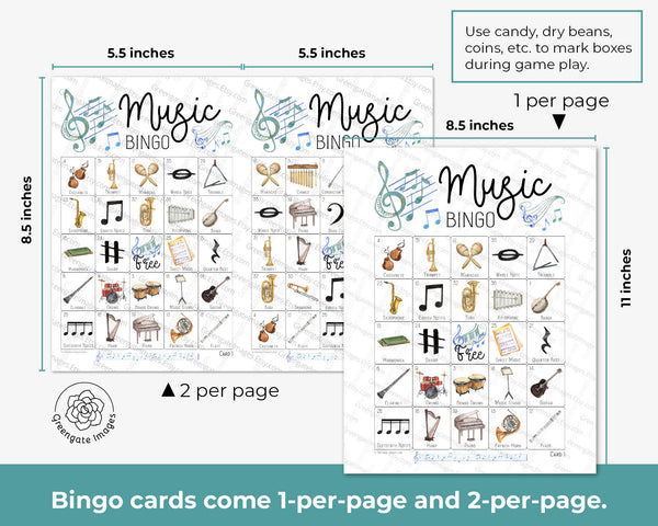 Music Bingo - 50 PRINTABLE unique cards. Instant digital download PDF. Fun educational activity for all ages. Basic theory & instruments.