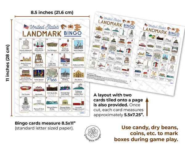 US Landmarks Bingo - 50 PRINTABLE unique cards. Instant digital download PDF. Fun and educational game for classrooms, senior centers, etc.