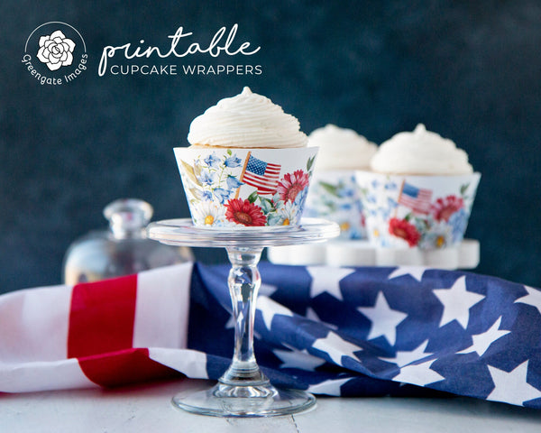 Patriotic Floral Cupcake Wrappers - PRINTABLE, 4th of July party decor, American flag, stars and stripes, red white blue, Memorial Day favor