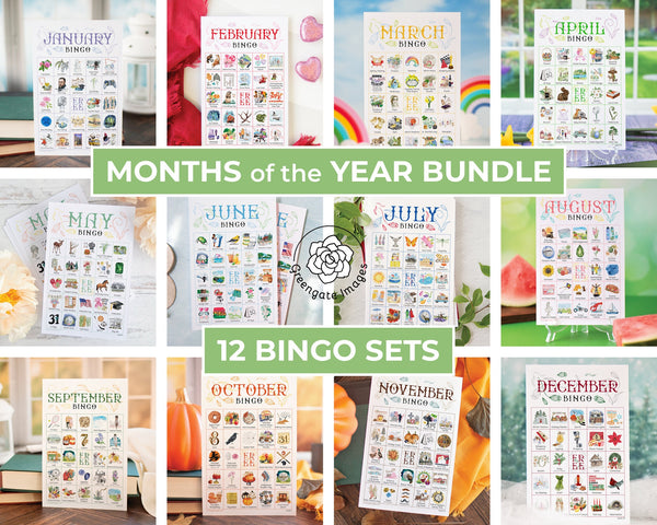 BUNDLE: Month Bingo Sets - 12 bingo sets at a huge discount. 50 unique cards per set. Hand-painted watercolor artwork. Year-round fun.