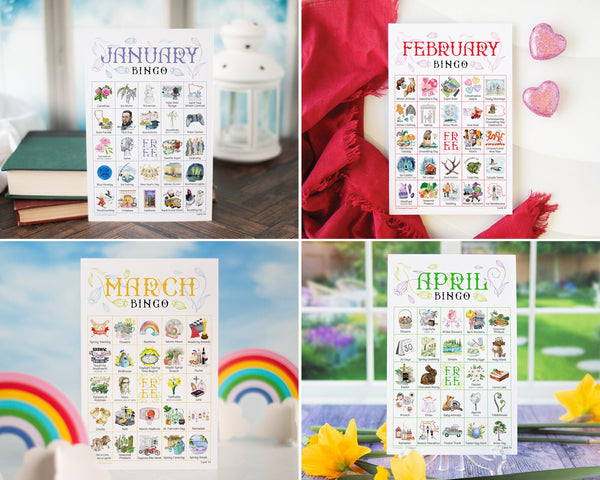 BUNDLE: Month Bingo Sets - 12 bingo sets at a huge discount. 50 unique cards per set. Hand-painted watercolor artwork. Year-round fun.