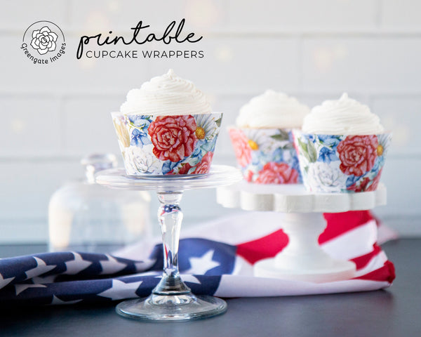 Red White Blue Floral Cupcake Wrappers - PRINTABLE instant download. 4th of July party, patriotic, Memorial Day favor. Carnations, daisies.