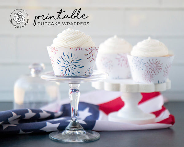 Fireworks Cupcake Wrappers - PRINTABLE, 4th of July party decorations. Red white blue bbq party favor idea. Watercolor hand-painted art.