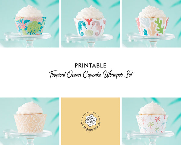 Tropical Cupcake Wrapper Set - PRINTABLE cupcake wraps pdf, marine ocean beach theme, kid party, 5 designs included, seahorses, coral, sun
