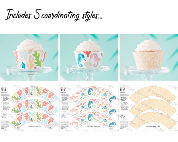 Tropical Cupcake Wrapper Set - PRINTABLE cupcake wraps pdf, marine ocean beach theme, kid party, 5 designs included, seahorses, coral, sun