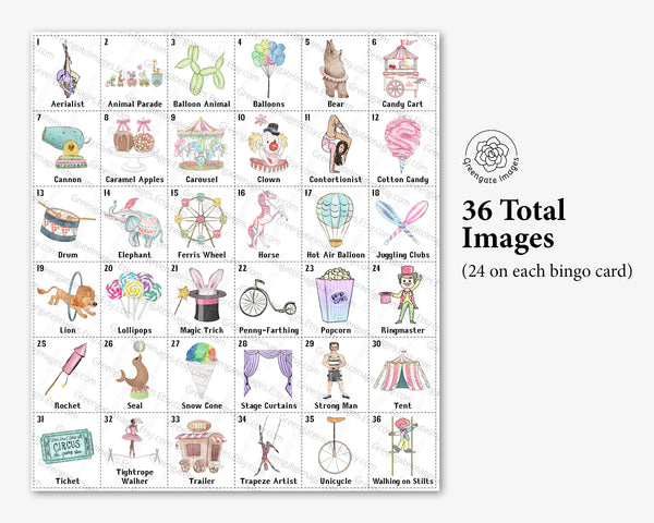 Circus Bingo - 50 PRINTABLE unique cards. Instant digital download PDF. Fun, cute activity for little girls circus-themed birthday party.