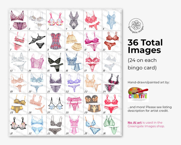 Lingerie Bingo Game - 50 PRINTABLE unique cards. Instant digital download PDF. Fun activity for lingerie showers and bachelorette parties.