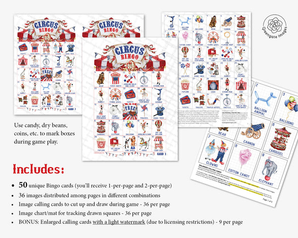 Circus Bingo - 50 PRINTABLE unique cards. Instant digital download PDF. Fun, cute activity for vintage stripes cirque-themed birthday party.