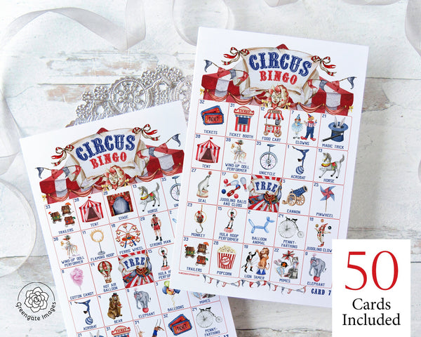 Circus Bingo - 50 PRINTABLE unique cards. Instant digital download PDF. Fun, cute activity for vintage stripes cirque-themed birthday party.