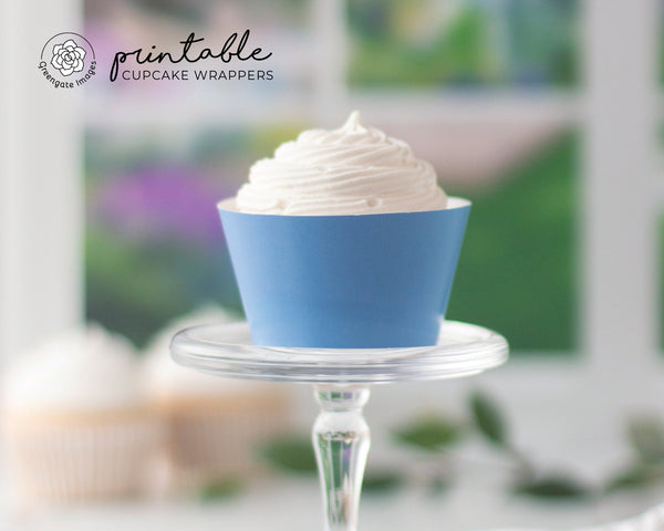 Cornflower Cupcake Wrapper - PRINTABLE digital download PDF. Cool blue solid-colored sleeve for baked cupcakes. More colors available.